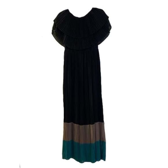 IMAN Black Pleated Color Block Maxi Dress Size Medium Lined - Picture 5 of 12